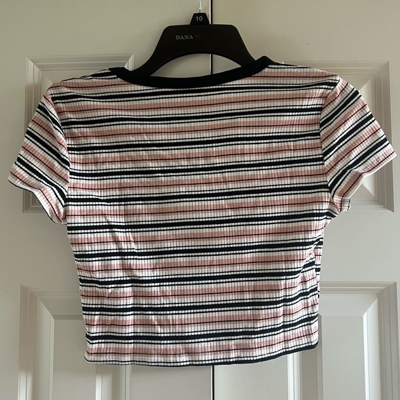 SHEIN Women’s Pink, Black & White Striped Rib Knit Cropped Tee Size Small - Picture 3 of 5